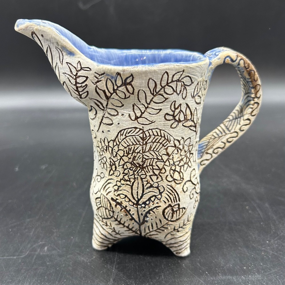 Studio Art Pottery Creamer Blue Beige Etched Leaves Footed Quirky